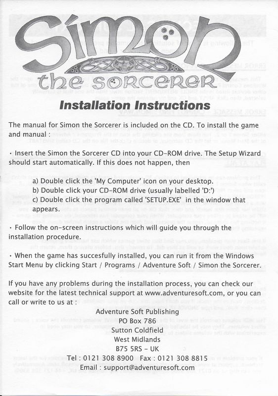 Other for Simon the Sorcerer II: The Lion, the Wizard and the Wardrobe (Windows): Installation instructions front