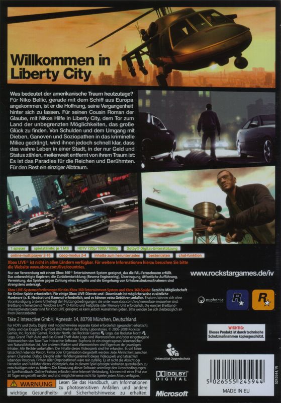 Back Cover for Grand Theft Auto IV (Xbox 360)