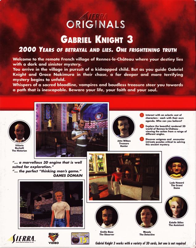 Back Cover for Gabriel Knight 3: Blood of the Sacred, Blood of the Damned (Windows) (Sierra Originals release)