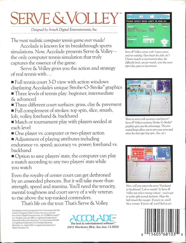 Back Cover for Serve & Volley (DOS) (5.25" Release)