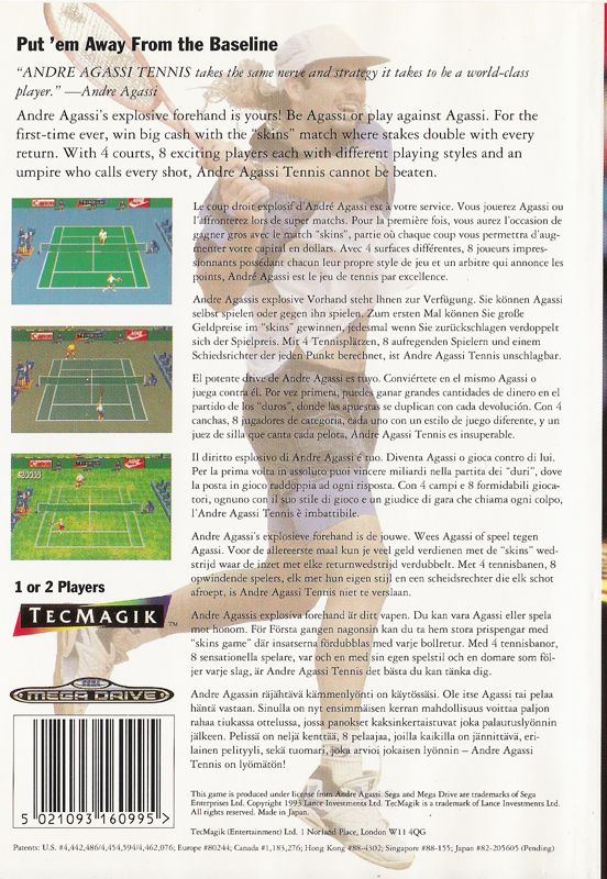 Back Cover for Andre Agassi Tennis (Genesis)