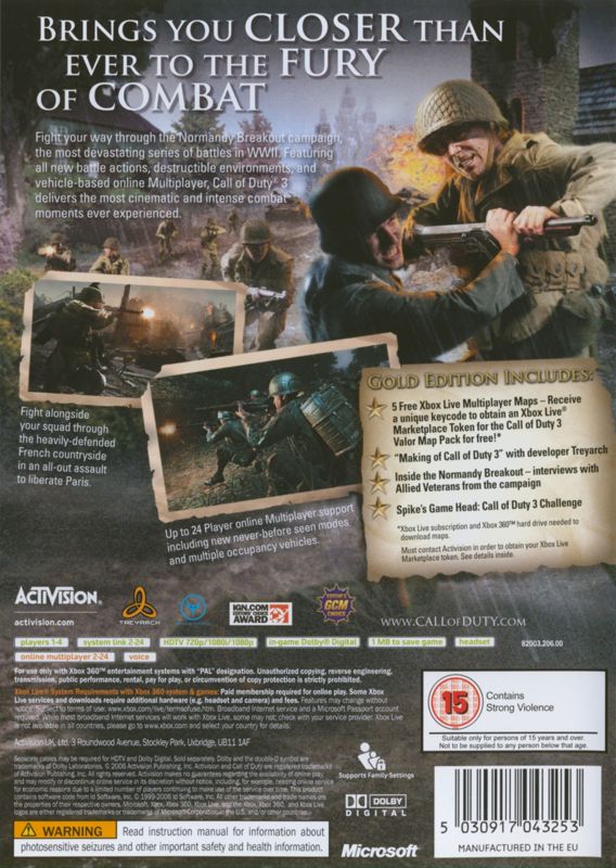 Back Cover for Call of Duty 3 (Gold Edition) (Xbox 360)