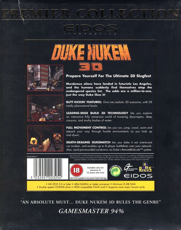 Back Cover for Duke Nukem 3D (DOS) (Eidos Premier Collection release)