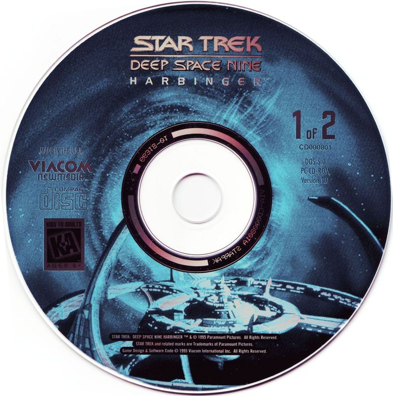 Media for Star Trek: Deep Space Nine - Harbinger (DOS) (Hard plastic triangular box, front opens on top and are joined with back in bottom): Disc 1/2