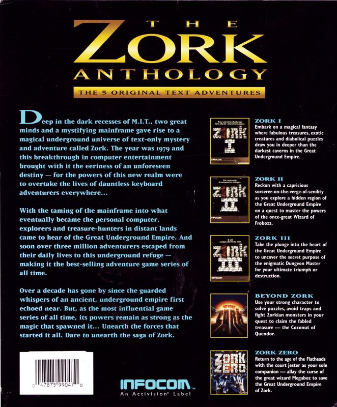 Back Cover for The Zork Anthology (DOS) (3.5" disk release)