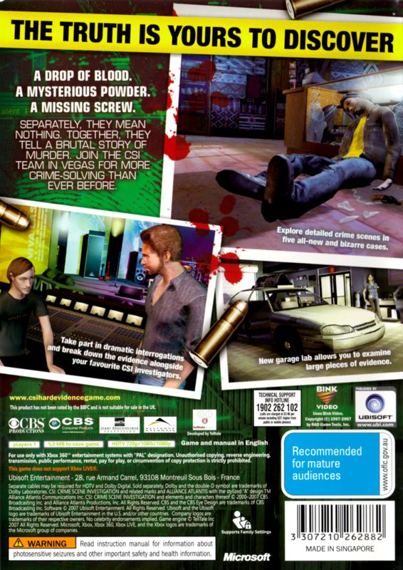 Back Cover for CSI: Crime Scene Investigation - Hard Evidence (Xbox 360)