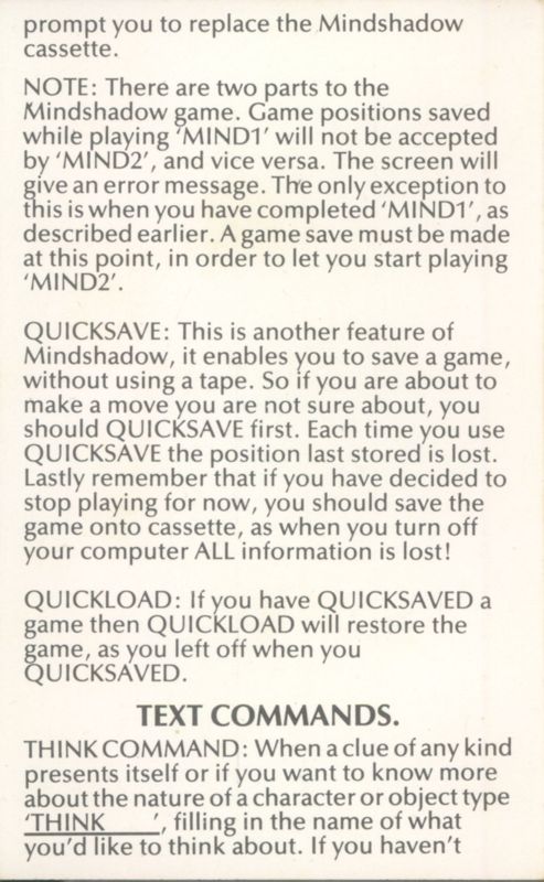 Inside Cover for Mindshadow (ZX Spectrum)