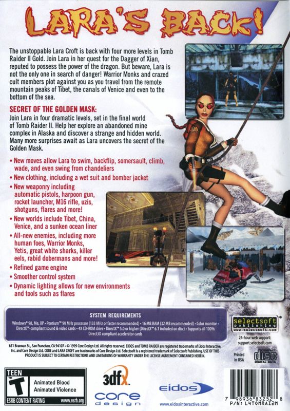 Back Cover for Tomb Raider II: Gold (Windows) (Selectsoft Publishing release)