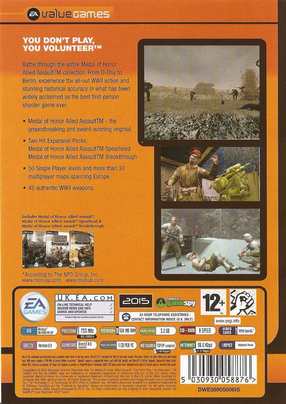 Back Cover for Medal of Honor: Allied Assault - War Chest (Windows) (EA value games release)
