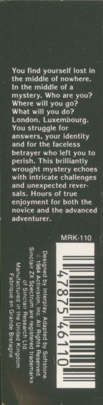 Back Cover for Mindshadow (ZX Spectrum)
