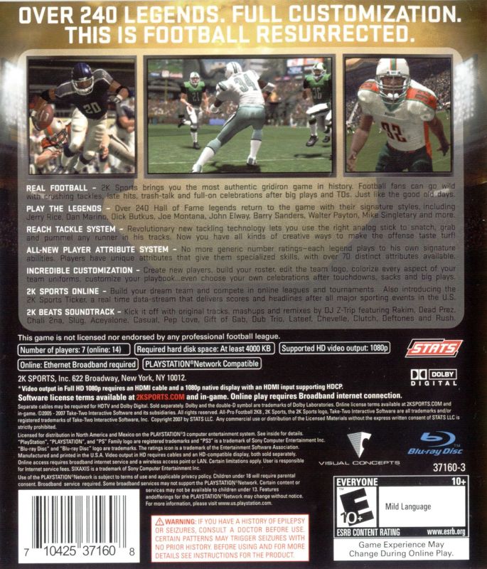 Back Cover for All-Pro Football 2K8 (PlayStation 3)