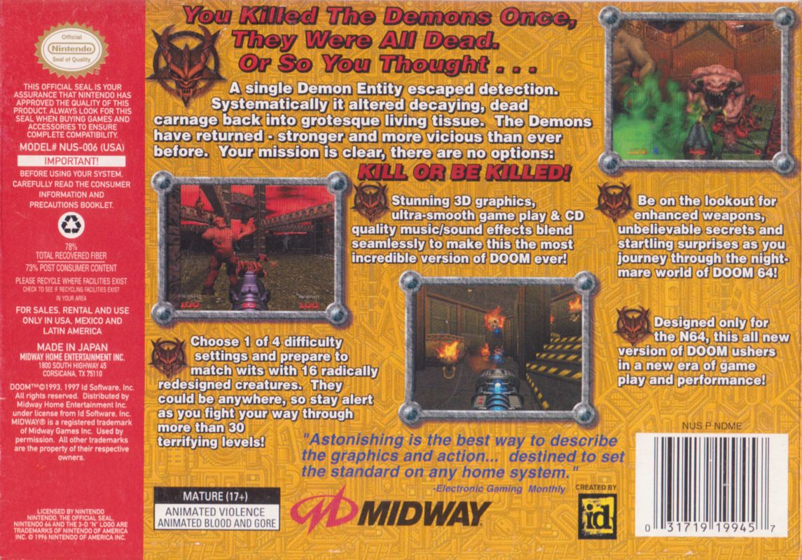 Back Cover for Doom 64 (Nintendo 64)