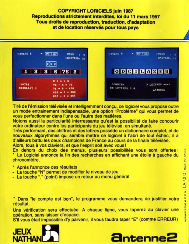 Back Cover for Des Chiffres et des Lettres (Amstrad CPC)