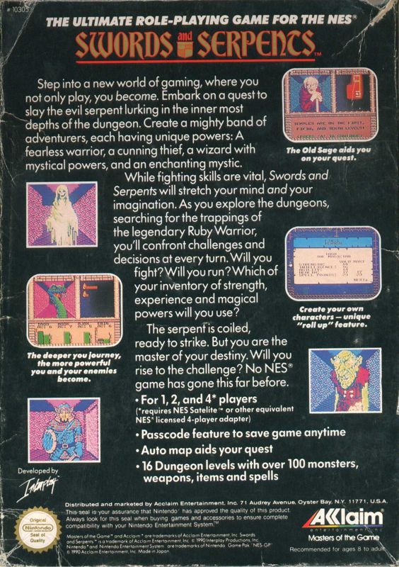 Back Cover for Swords and Serpents (NES)