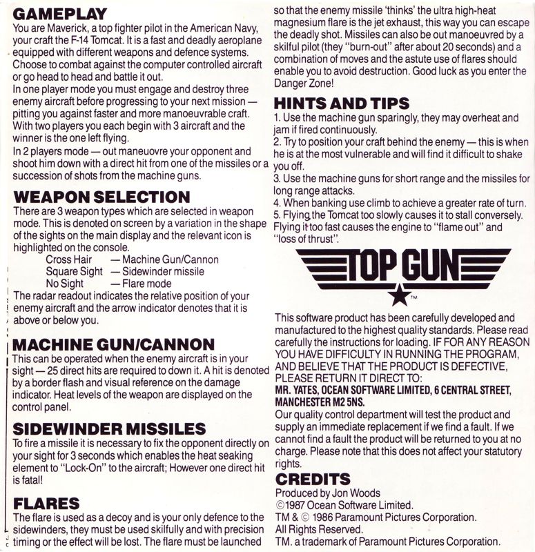 Inside Cover for Top Gun (DOS) (Paper folder package): Left