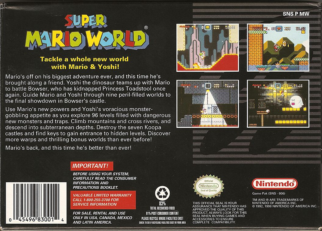 Back Cover for Super Mario World (SNES) (Players Choice Million Seller release)