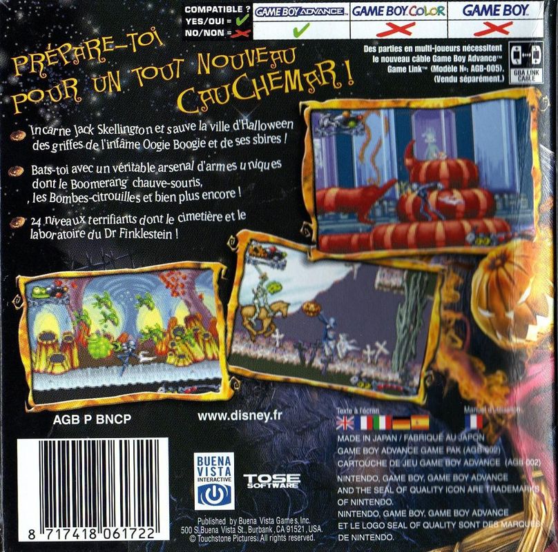 Back Cover for Tim Burton's The Nightmare Before Christmas: The Pumpkin King (Game Boy Advance)