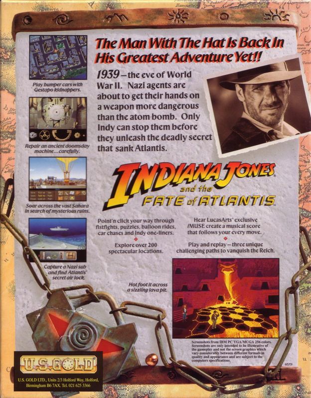 Back Cover for Indiana Jones and the Fate of Atlantis (DOS) (3,5'' disk release)