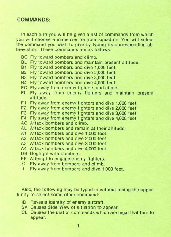 Reference Card for Chennault's Flying Tigers (Atari 8-bit): Commands Front