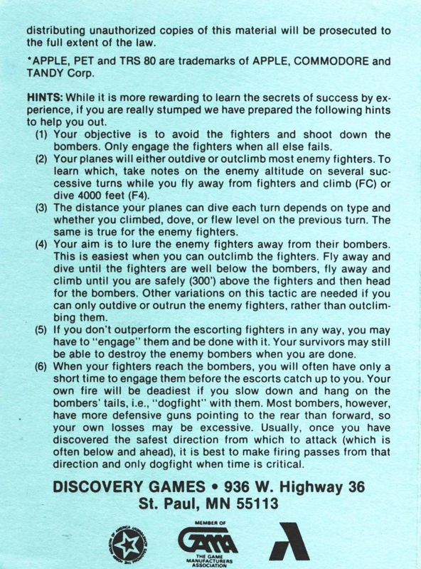Other for Chennault's Flying Tigers (Atari 8-bit): Cassette Instructions Back