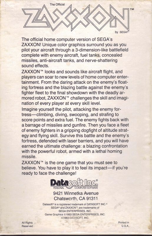 Back Cover for Zaxxon (Atari 8-bit) (Cassette Release)