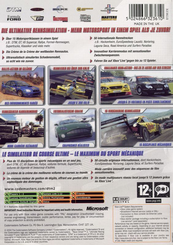Back Cover for TOCA Race Driver 2 (Xbox)