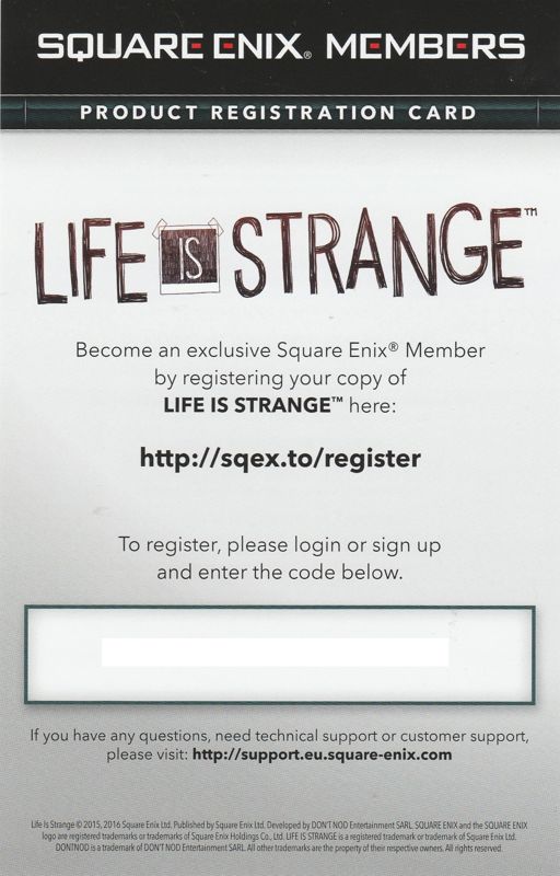 Extras for Life Is Strange: Limited Edition (Windows): Square Enix Registration Flyer - Front