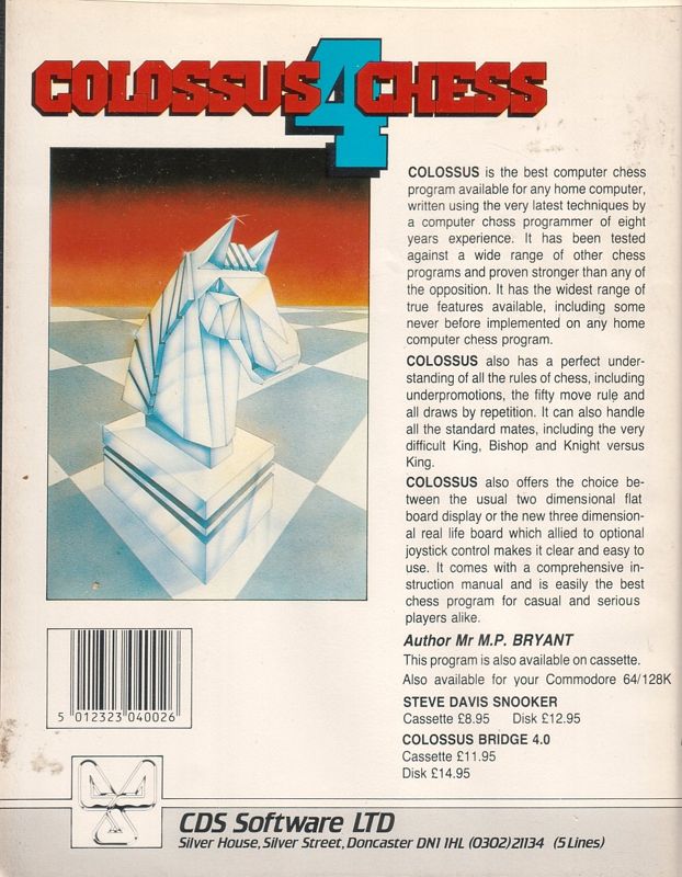 Back Cover for Colossus Chess 4 (Commodore 64)