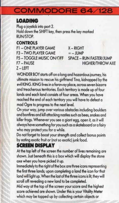 Inside Cover for Wonder Boy (Commodore 64) (Hit Squad budget release)