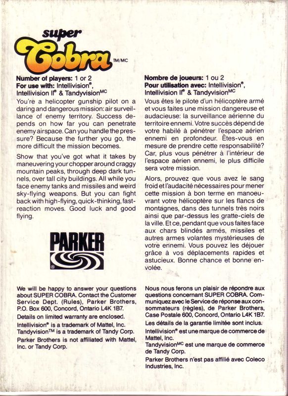 Back Cover for Super Cobra (Intellivision)