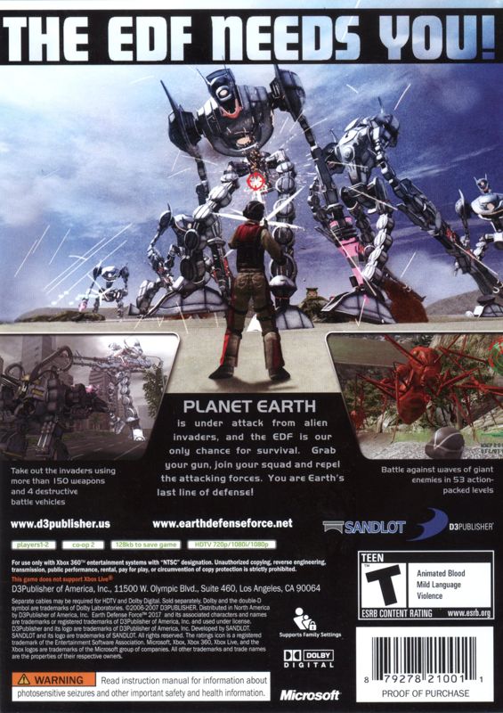 Back Cover for Earth Defense Force 2017 (Xbox 360)