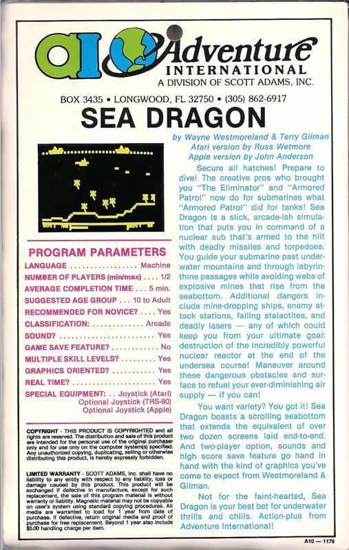 Back Cover for Sea Dragon (TRS-80)