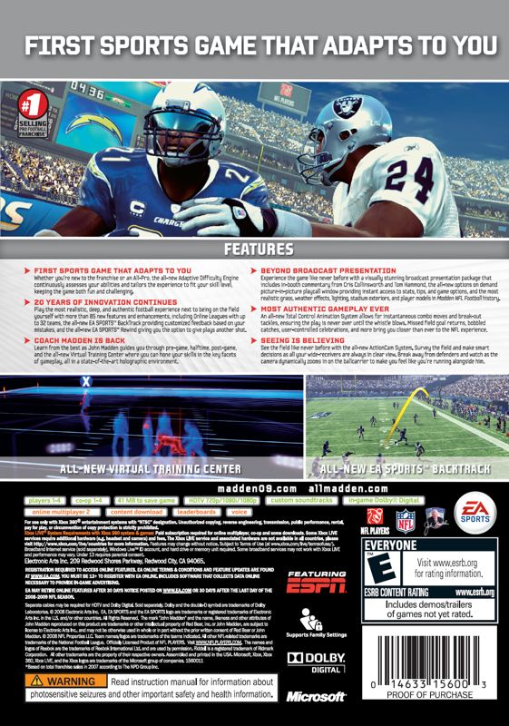 Back Cover for Madden NFL 09 (Xbox 360) (Official digital print packaging with Brett Favre in his New York Jets uniform)
