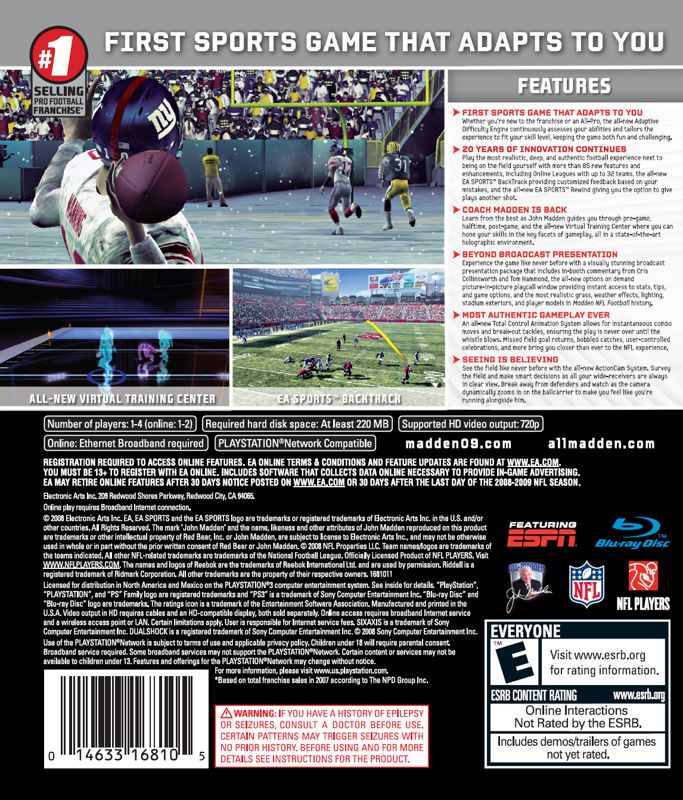 Back Cover for Madden NFL 09 (PlayStation 3) (Official digital print packaging with Brett Favre in his New York Jets uniform)