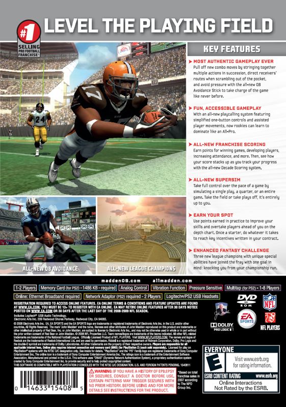 Back Cover for Madden NFL 09 (PlayStation 2) (Official digital print packaging with Brett Favre in his New York Jets uniform)