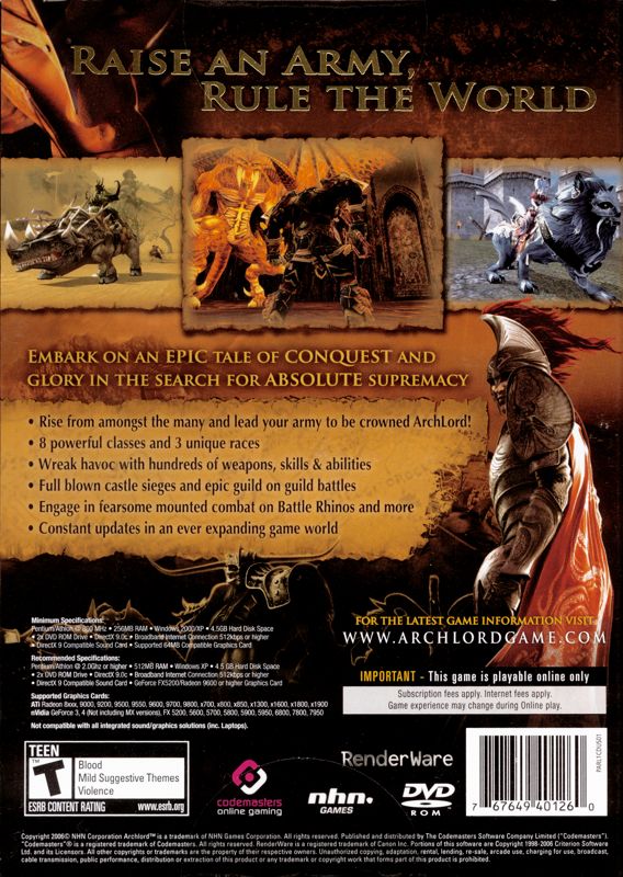 Back Cover for ArchLord (Windows)