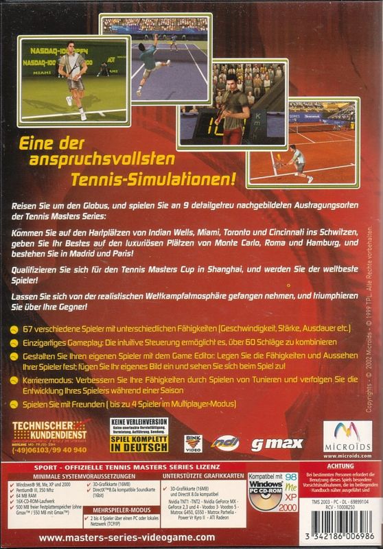 Back Cover for Tennis Masters Series 2003 (Windows)