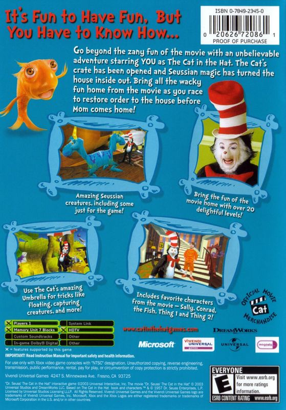 Back Cover for Dr. Seuss' The Cat in the Hat (Xbox)