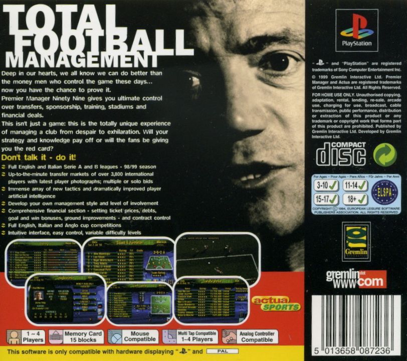 Back Cover for Premier Manager Ninety Nine (PlayStation)