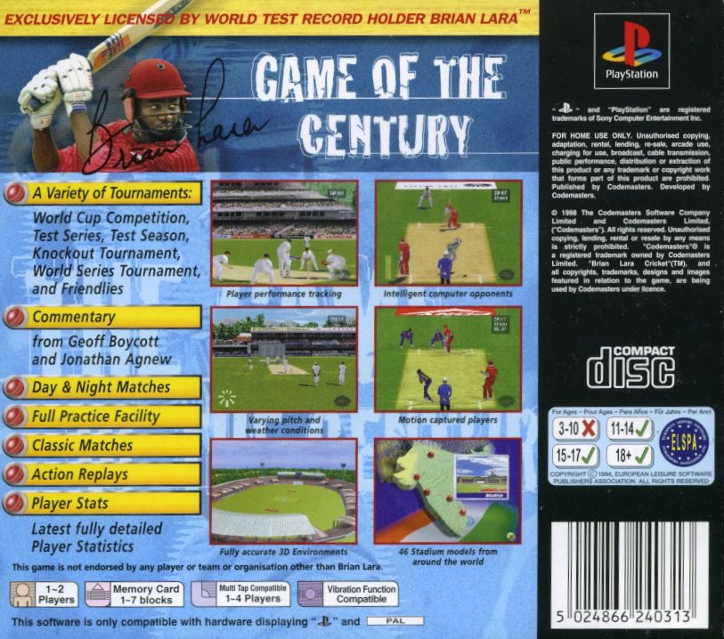 Back Cover for Brian Lara Cricket (PlayStation)