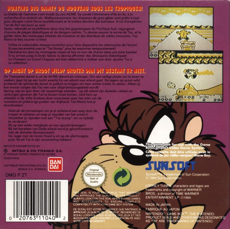Back Cover for Taz-Mania (Game Boy)