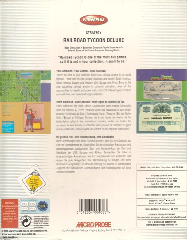 Back Cover for Sid Meier's Railroad Tycoon Deluxe (DOS) (Powerplus release)