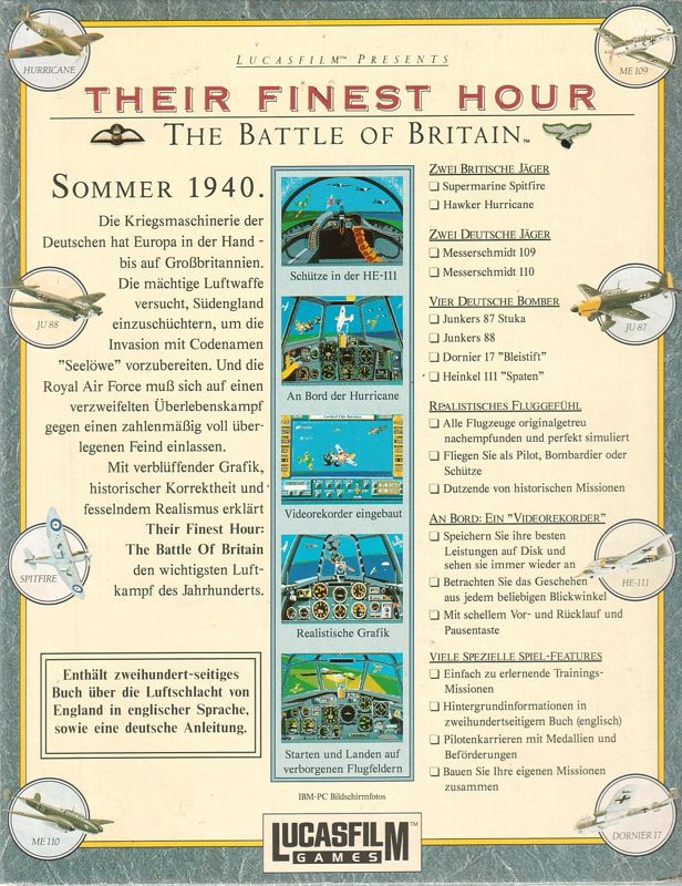 Back Cover for Their Finest Hour: The Battle of Britain (DOS) (3.5" Disk Release)
