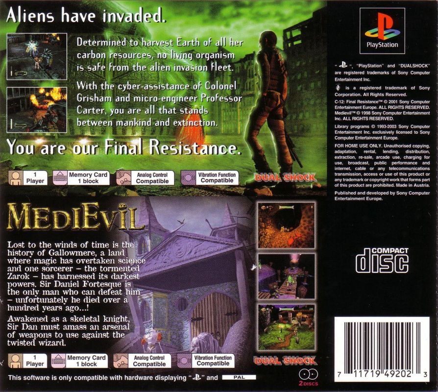 Back Cover for 2 Games: MediEvil / C-12: Final Resistance (PlayStation)