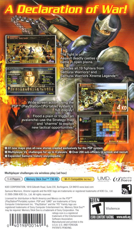 Back Cover for Samurai Warriors: State of War (PSP)