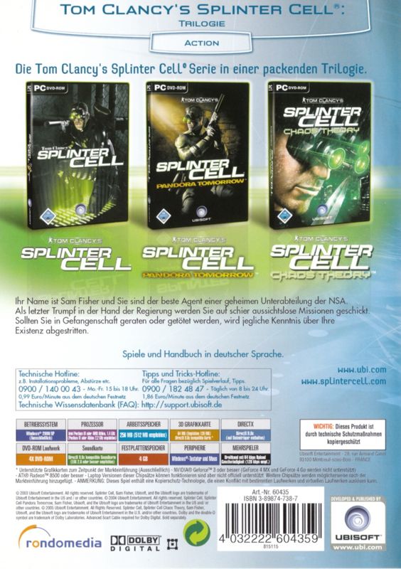 Back Cover for Tom Clancy's Splinter Cell Trilogy (Windows) (Ubisoft eXclusive release)