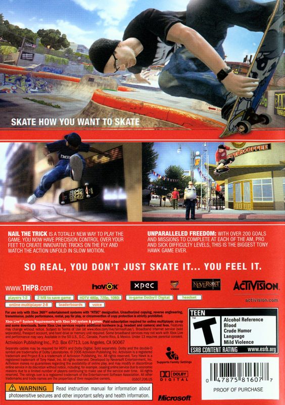 Back Cover for Tony Hawk's Project 8 (Xbox 360)