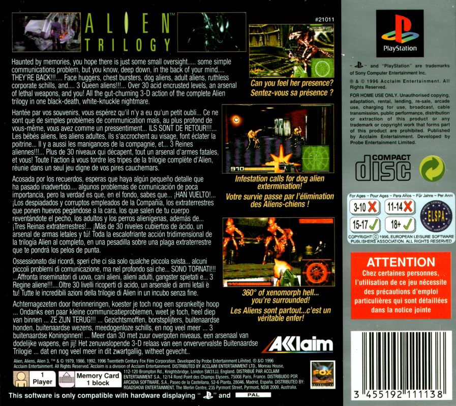 Back Cover for Alien Trilogy (PlayStation) (Platinum Release)