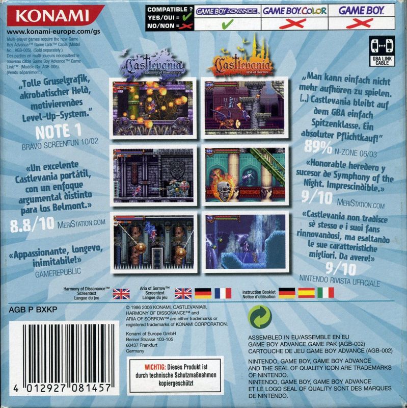 Back Cover for Castlevania: Double Pack (Game Boy Advance)