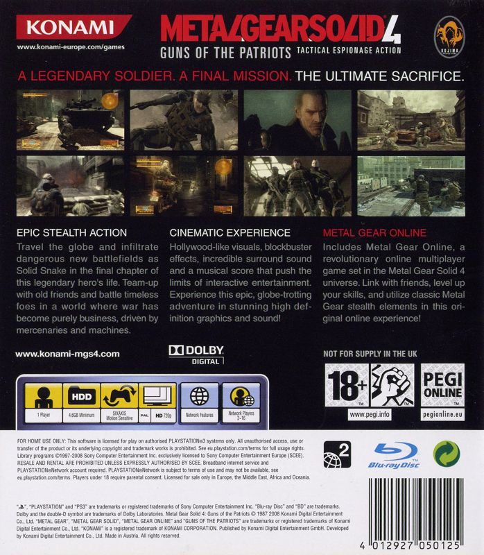 Back Cover for Metal Gear Solid 4: Guns of the Patriots (PlayStation 3)